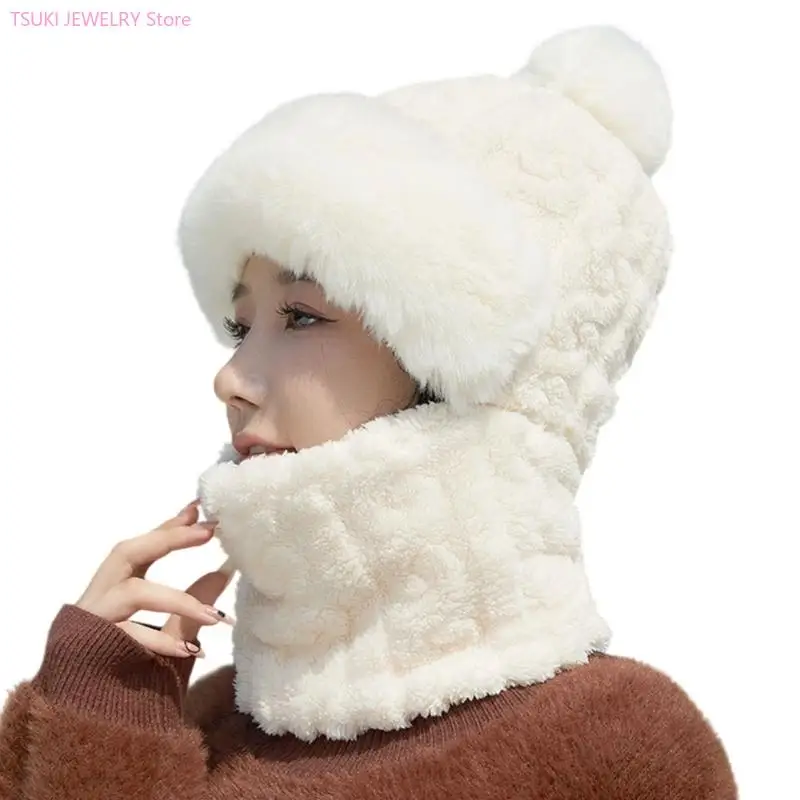 62KE Fleece Lined Brimless Hat with Scarf Face Mask Windproof Warmth Cold Protections