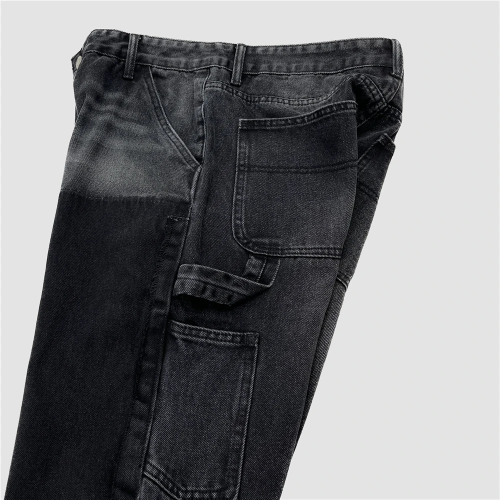 Men Washed Black Deconstructed Jeans Seven-Pocket Styling Winter Streetwear