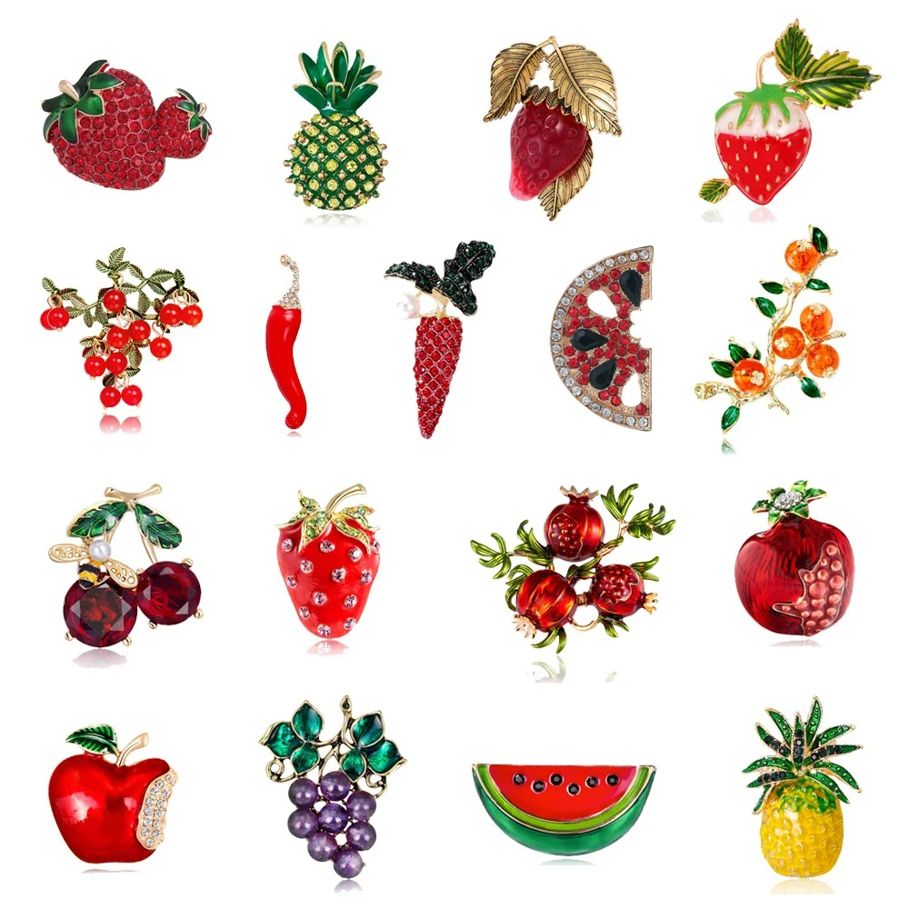 Broche de frutas y verduras, fresas, piñas, pimientos, sandías, uvas, granadas, persimones, pin creativo