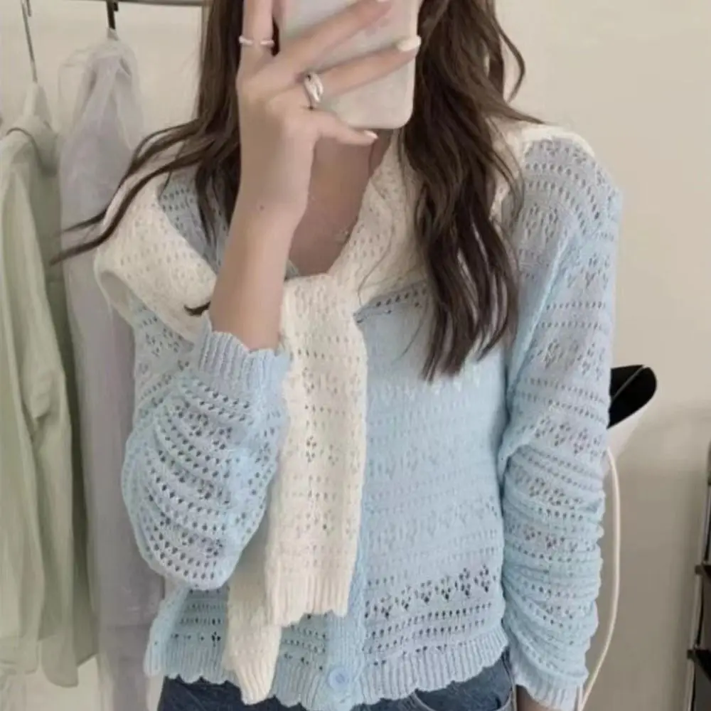 

New Hollow Out Knitted Cardigan V-Neck Thin Sun-Proof Tops Long Sleeve Casual Outwear Women