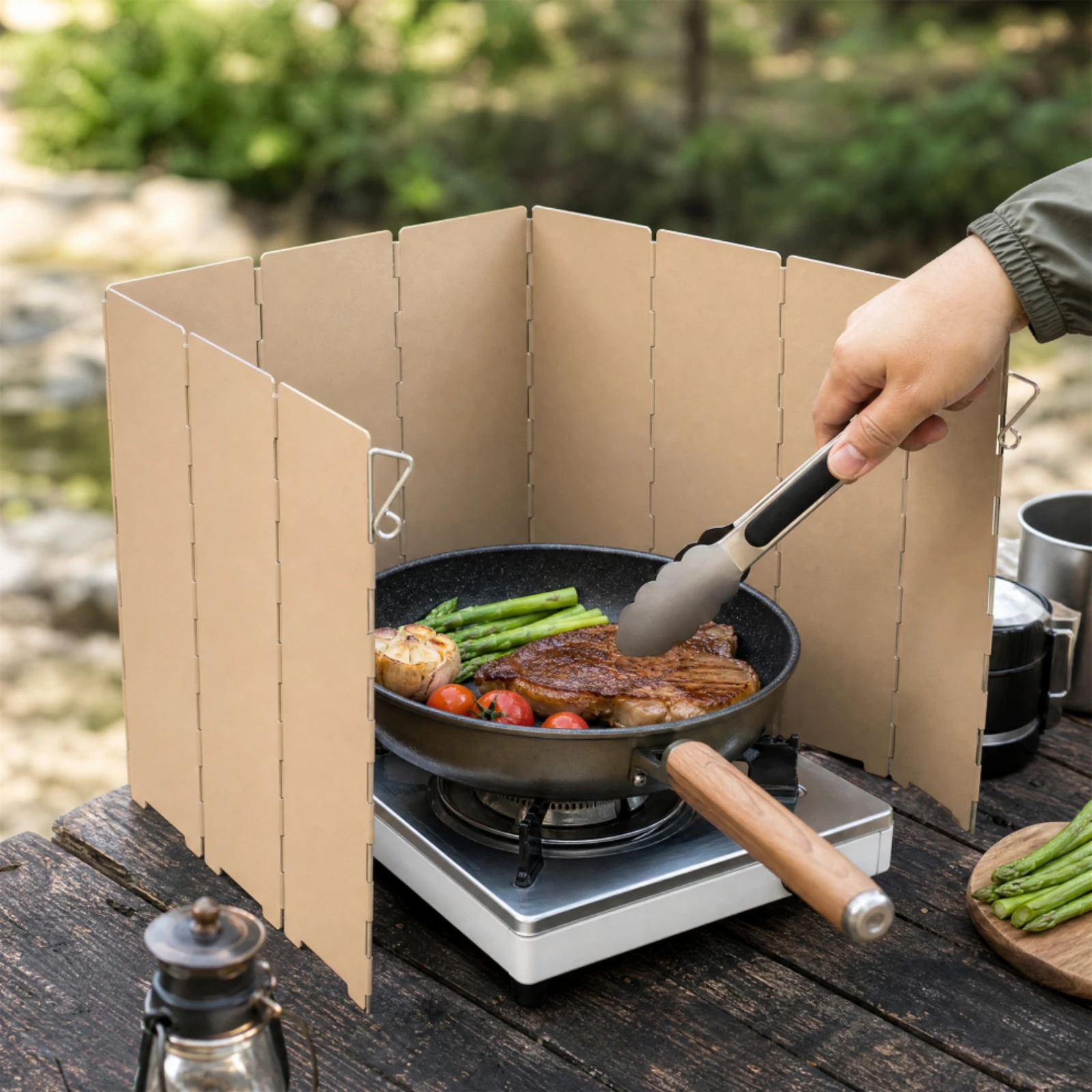 10 Pieces Camping Gear Adjustable Camping Burner Windscreen with Fastening Hooks Hinged Panel Cooktop Wind Barrier Heat