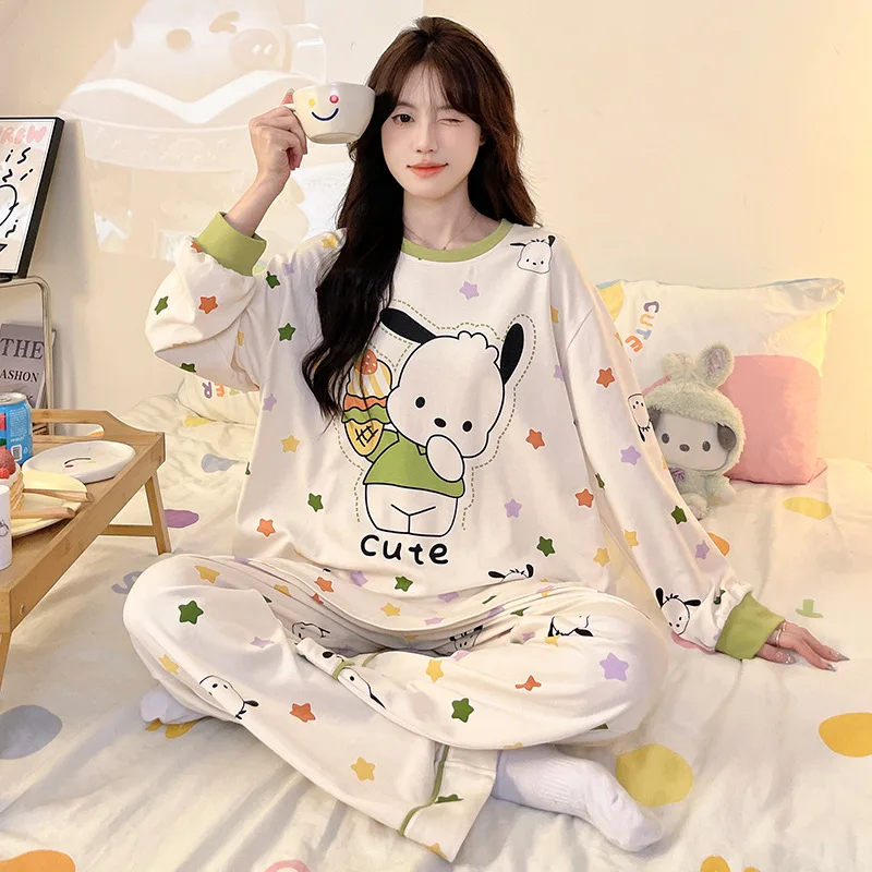 Cartoon Sanrio Yugui Dog Pajamas Autumn Crew Neck Cotton Long Sleeve Pants Two-piece Women\'s Pajamas Strawberry Bear Loungewear