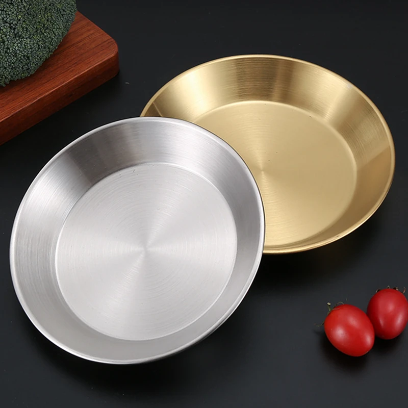 Korean Luxury Stainless Steel Round Plate Golden Flat-bottomed Storage Tray Thickened Fruit Cake Steak Snack Dishes