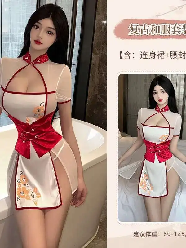 Mini Dress Mesh Lace Sheer Cheongsam Female Sexy Pure Desire Ancient Style Kimono Small Chest Uniform Dress Elegant Top 8PBS