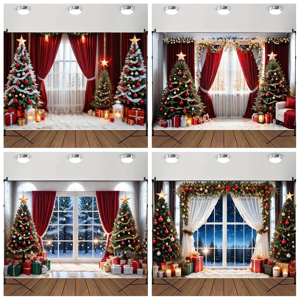 MOON.QG New Year'S Decor Christmas Backgrounds For Photographs Xmas Trees Window Red Curtain Backdrop Wallpaper Studio Photocall