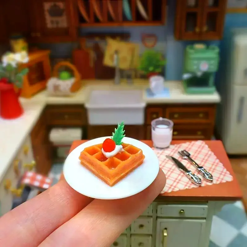 4Pcs Doll House Mini Kitchen Waffle Milk Set Miniature Handmade Food Toy Scene Props With Accessories Pretend Play Toys
