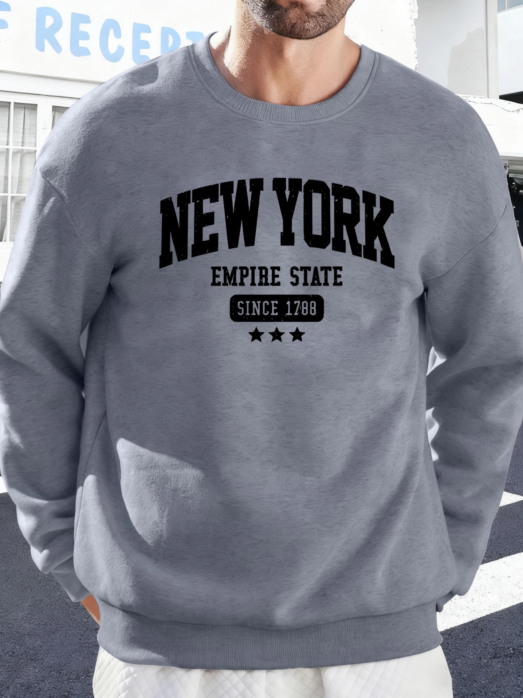 New York Empire State Since 1788 Printing Men Commute Sweatshirt Fleece Comfy Pullover Soft Loose Hoodie O-Neck Casual Clothes