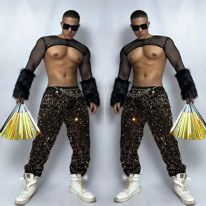 

Сексуальный танец на пилоне с меховыми рукавами, сетчатый топ, брюки с блестками, мужской костюм для ночного клуба Dj Ds Gogo Dancer, костюм Burnning Man Rave Outfit XS5046