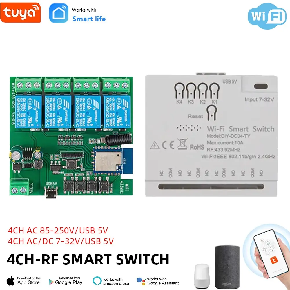 4CH Tuya Smart Switch 220V WIFI Module Remote Control USB 5V 12V 24V 85-250V RF Receiver 10A Smart Relay Includes Free Shell