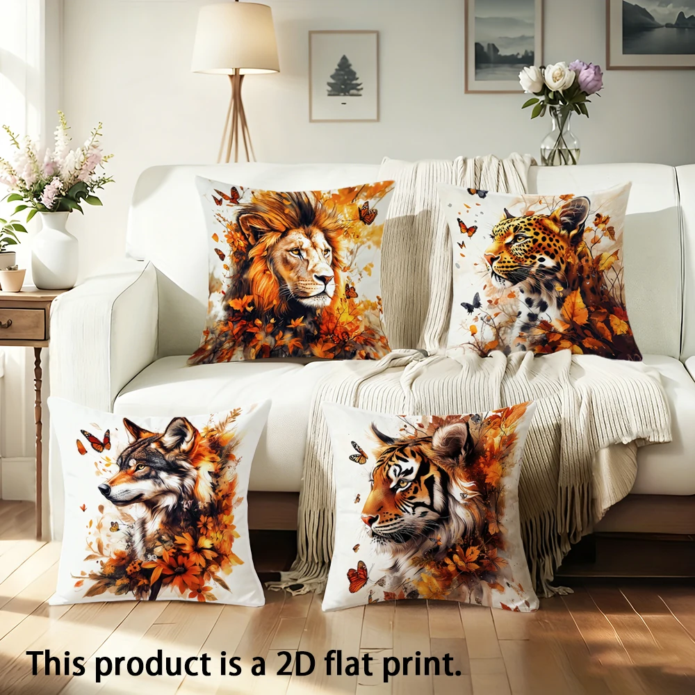 1pc Autumn Wildlife Square Throw Pillow Covers with Wolf Tiger Lion Leopard Prints