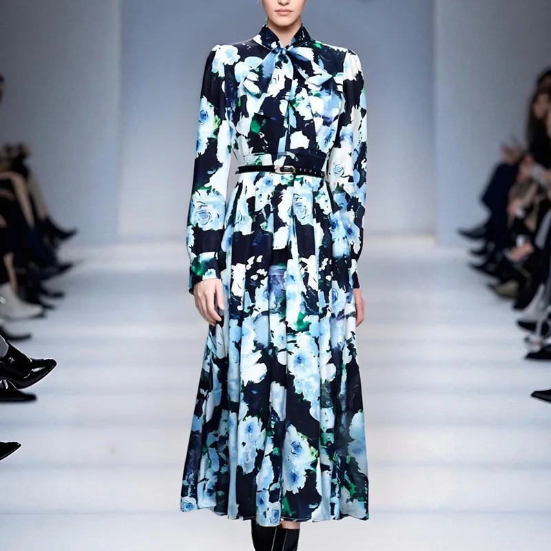 

Women Long Sleeve Bow Long Dress Lady's Print Dress With Belt