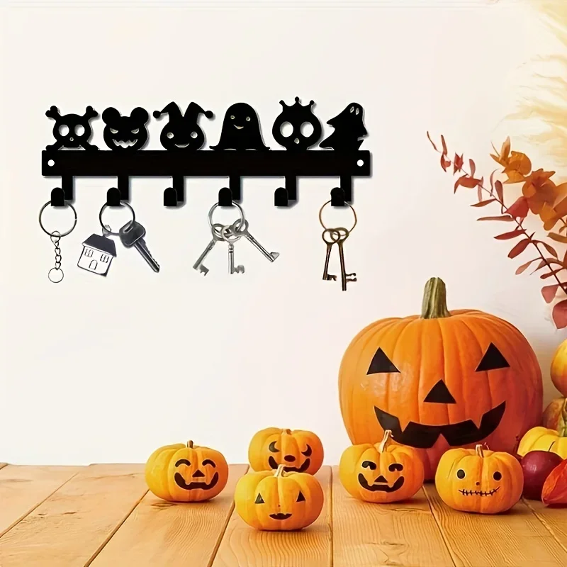 HELLOYOUNG Halloween Metal Wall Mounted Rack 6 Hooks Pumpkin Ghost Pattern Keys Towel Umbrellas Decorative Organizer Rack Key Ho