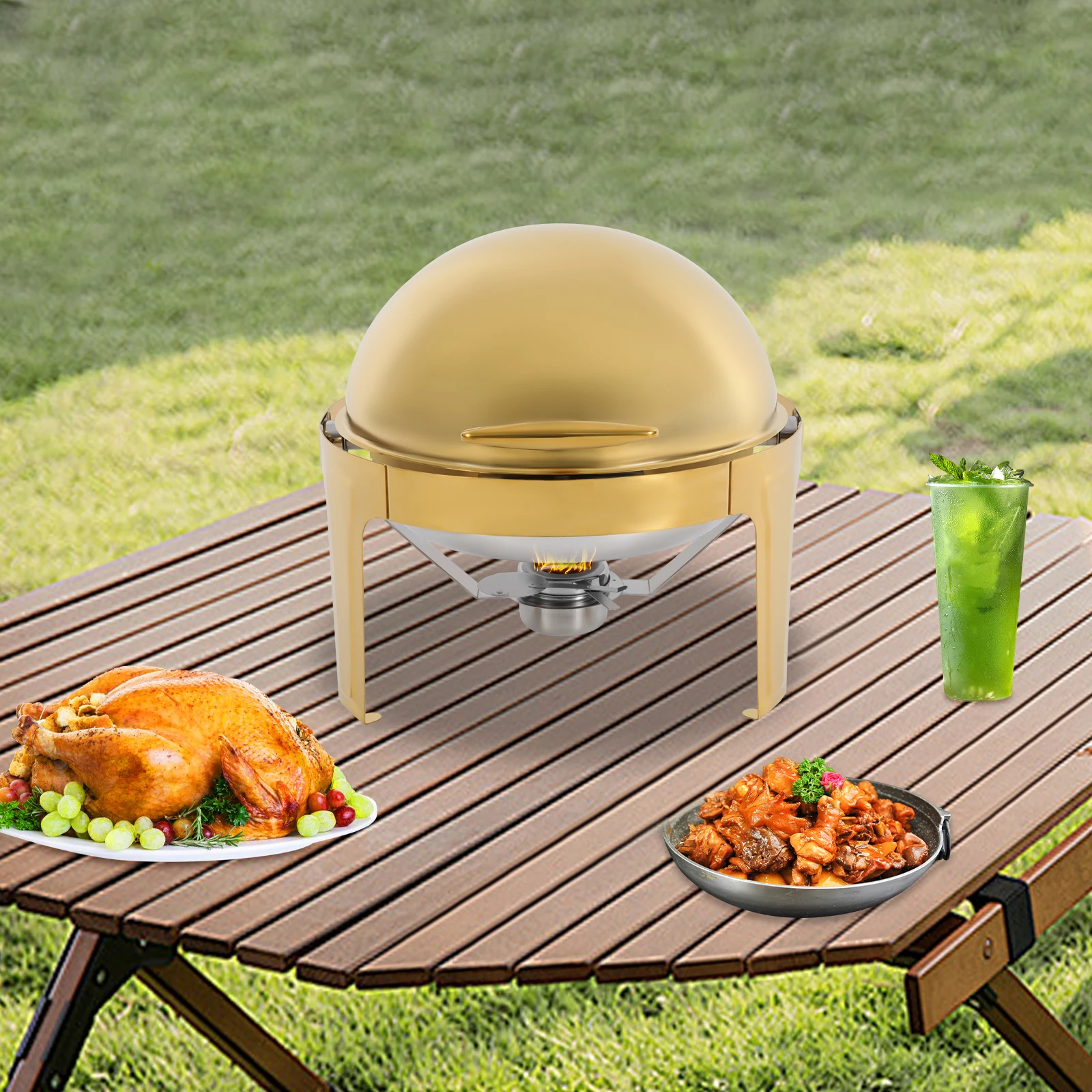 

Золотая круглая обеденная плита с двумя отсеками, из нержавеющей стали, для подогрева и сохранения тепла пищи