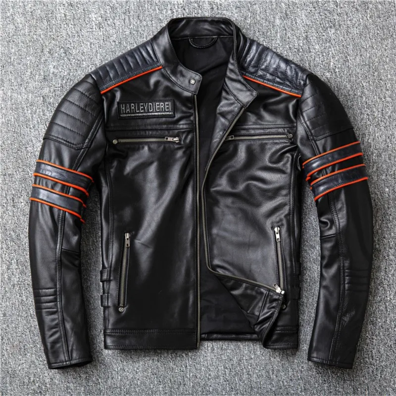 Motorcycle embroidered skull layer cowhide leather men's short cycling suit