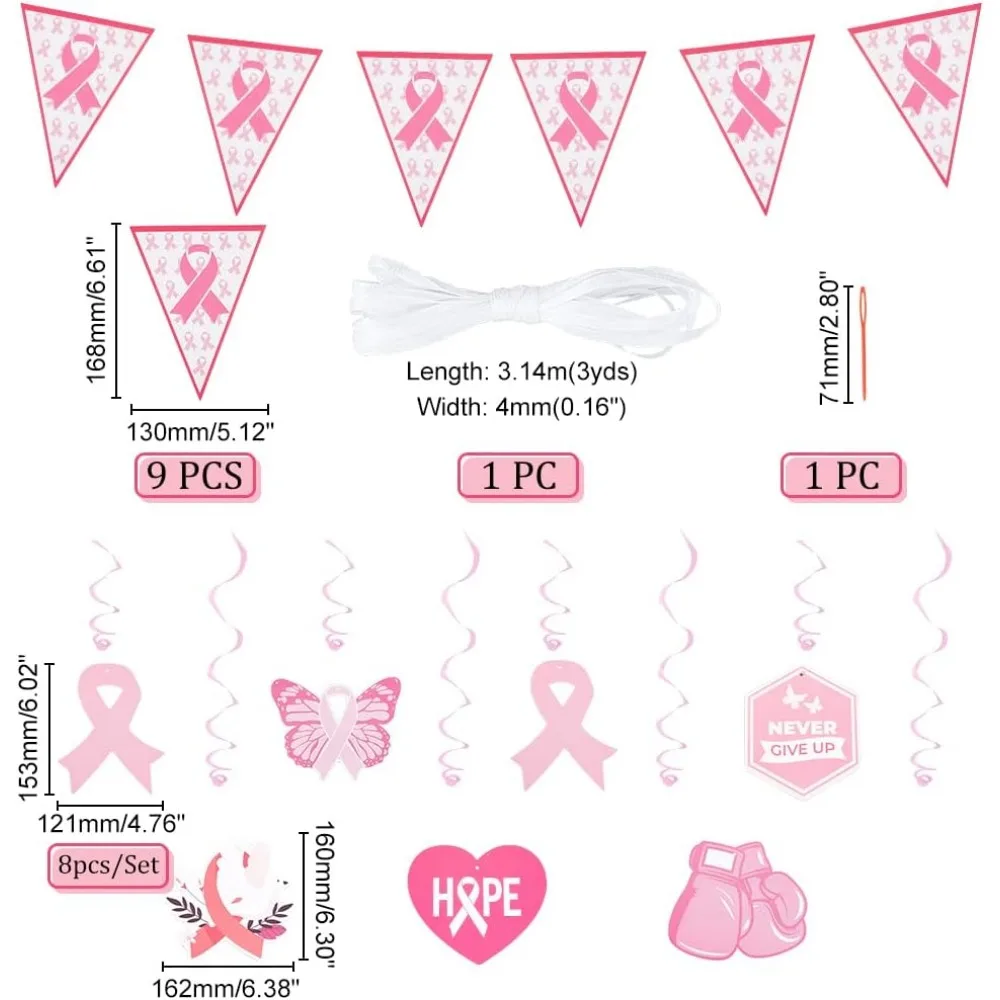 Breast Cancer Awareness Decorations, Pink Ribbon Pennant Banners Wall Hanging Hope Butterfly Bird Swirls Set for Breast Cancer