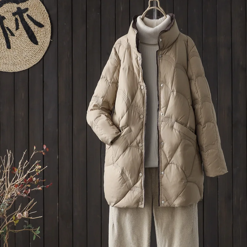 Lightweight down Cotton Jacket Women's Long Middle-Length Diamond Grid Stand Collar Coat Spring Season Fashion Ladies' Wear