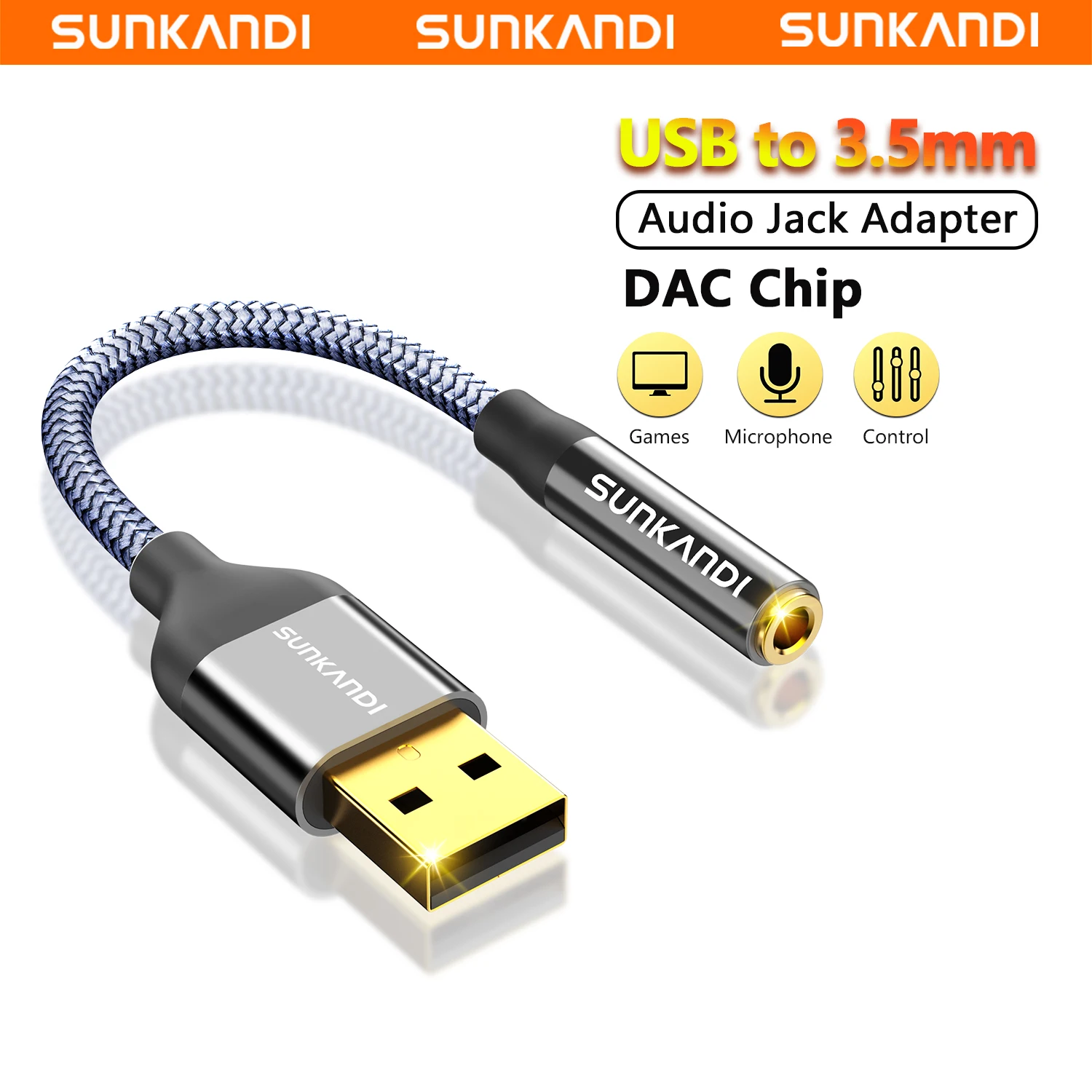 SUNKANDI USB to 3.5mm Audio Jack Adapter, External Sound Card Converter for PC, Laptop, Mac, Desktops,  PS4 and More Device
