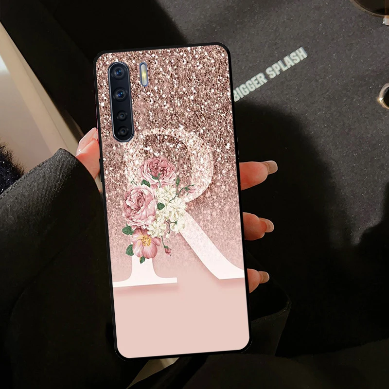 Letter Pink Shiny M R For OPPO A17 A77 A94 A74 A54 A53 A57 S A58 A78 A98 A5 A9 A15 A16 A76 A96 A93 A52 A72 Case