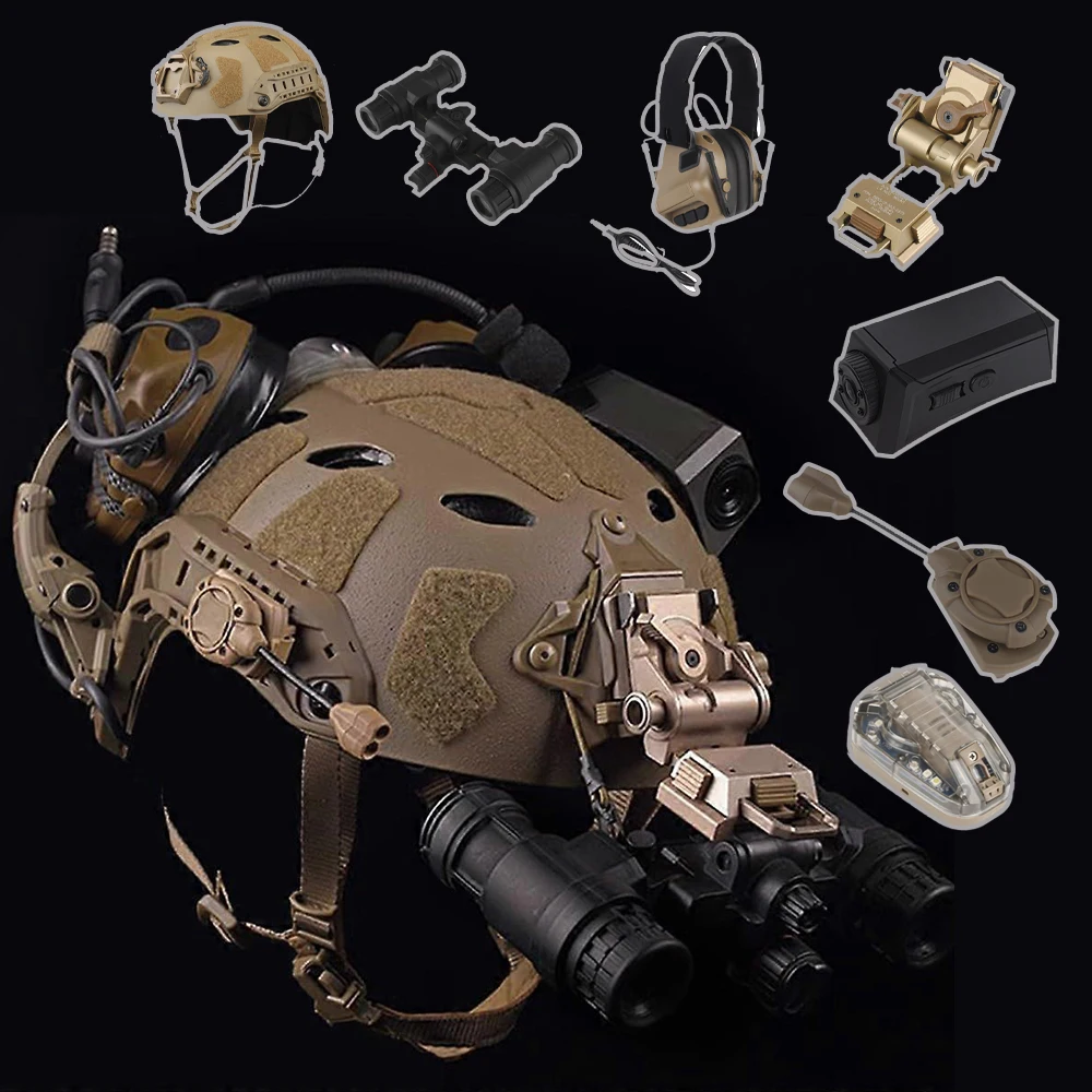Tactical Airsoft FAST Helmet Set with NVG Model Camera Signal Light Earphone Metal Bracket Hunting Shooting Head Protective Gear