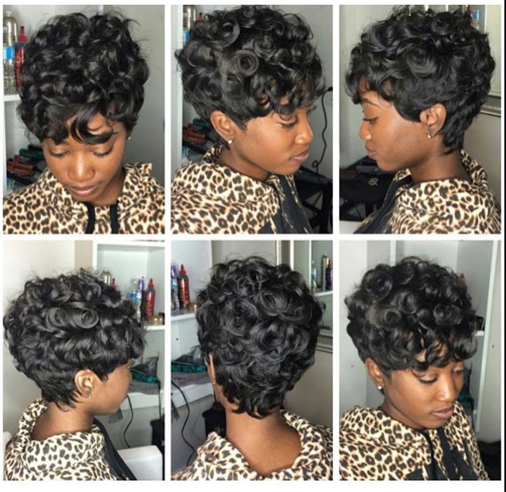 Kurze, gelockte Pixie-Schnitt-Perücke, brasilianische Echthaar-Perücken mit vorgezupftem Pony für schwarze Frauen, komplett maschinell hergestellt, bereit zum Tragen