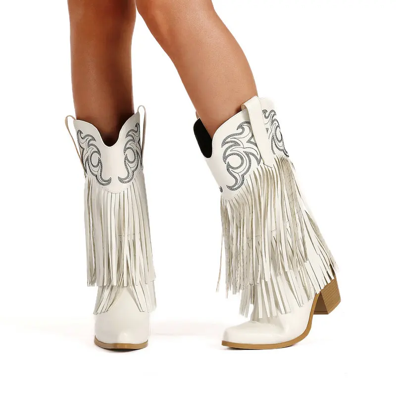 

Cowgirls Fringe Western Boots Women's Embroider Mid Calf Cosplay Boots Retro Cowboy Style Heels Shoes