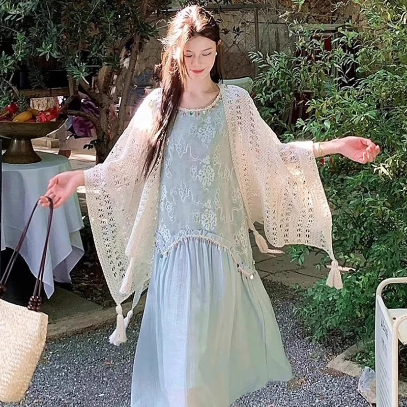 Women Hollow Knit Kimono Tassel Shawl Boho Outer Cover up For Travel Vacation Sling Dress Matching
