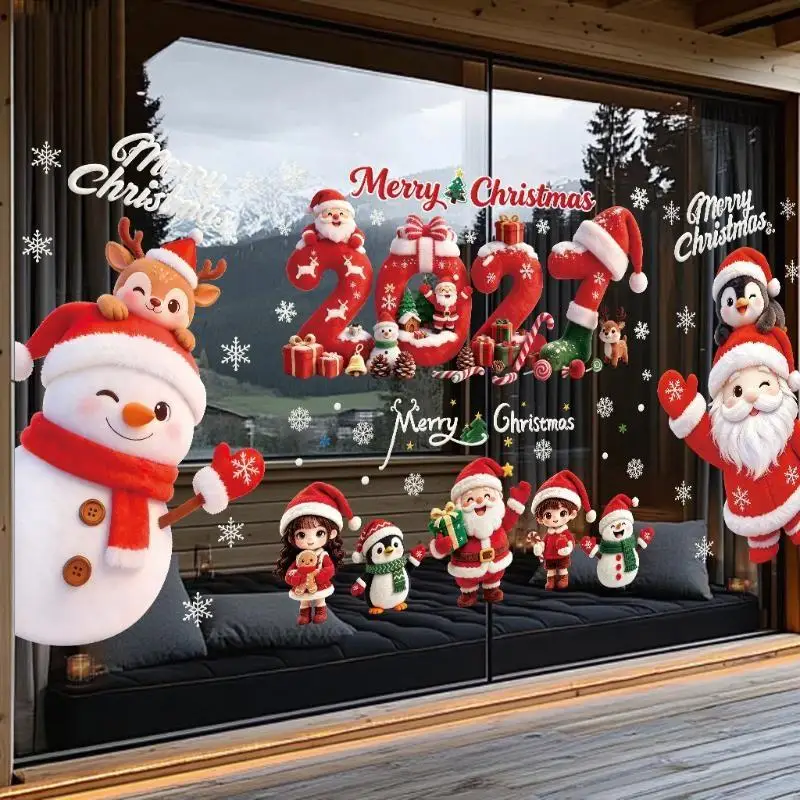 2027 Christmas Window Clings Santa Sleigh Reindeer Gingerbread Snowman Snowflake Stickers Mall Shop Window Glass Holiday Decor