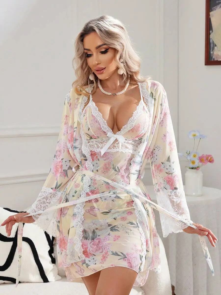 2pcs Women Floral Lace Pajama Set Deep V Nightdress With Robe Bow Tie