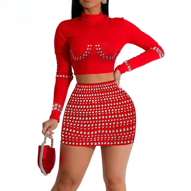 Fashion Hot Drilling Party Birthday Two Piece Sets Women Bodycon Long Sleeve T Shirt Top and Mini Skirts Sexy Rhinestone Outfits