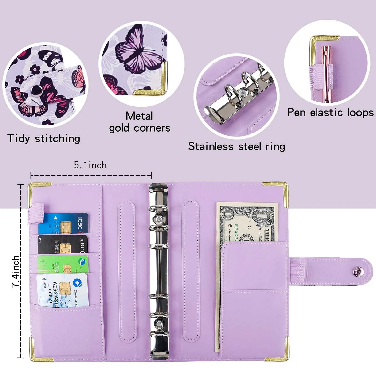 منظم أموال مخطط الميزانية A6 مع حقيبة بسحاب ملصقات خفيفة الوزن محمولة لحفظ الكتب 18.8 × 13 سم