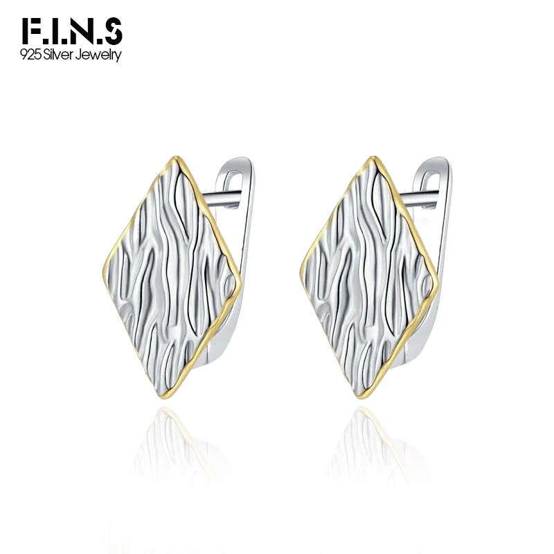 F.I.N.S Original Texture S925 Sterling Silver Gold Stud Earrings Geometric Bumpy Surface Rhombus Piercing Ear Buckle Fine Jewels