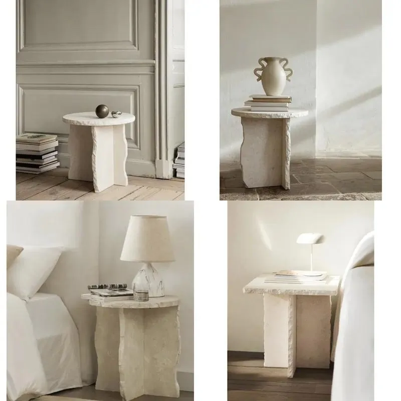 Beige Limestone Hand Carved Side Table Nordic Simple Art Free Form Small Coffee Table