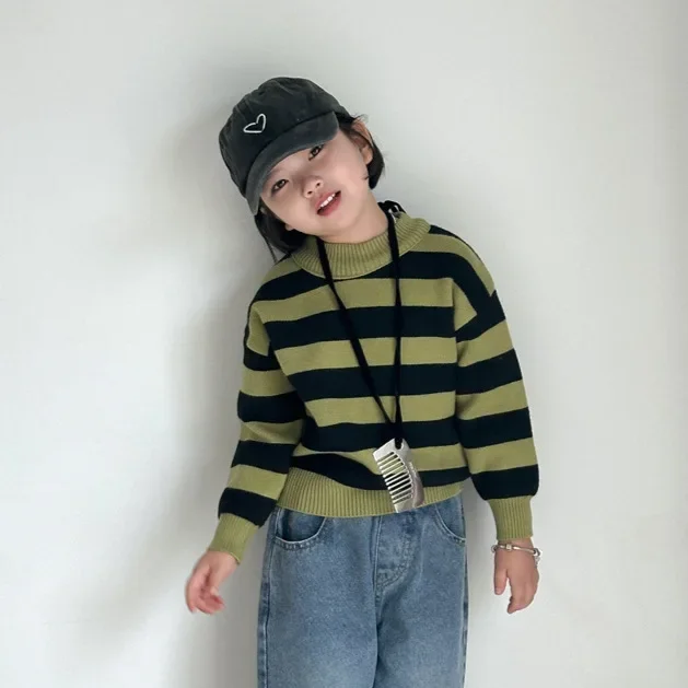 Girl Sweater Autumn 2024 New Stripe Round Neck Long Sleeves Casual Simple Fashion Sweet Korean Active Vintage Cute Soft Comfort