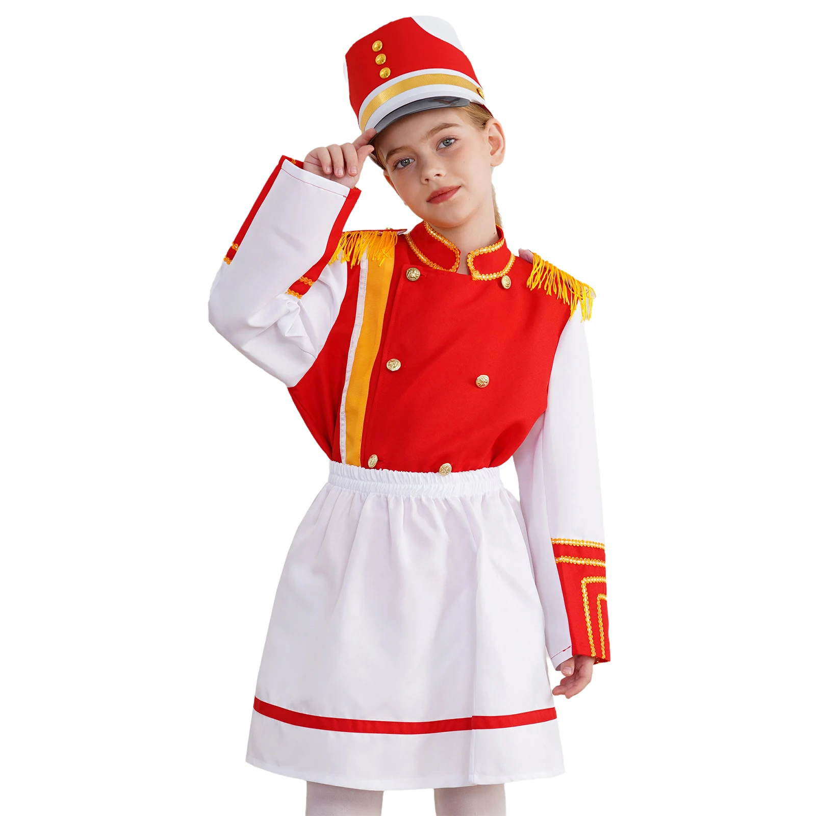 Kids Girls Drum Trumpet Team Uniform Honor Guard Marching Band Performance Costume Tops with Skirt Cap Carnival Party Outfits