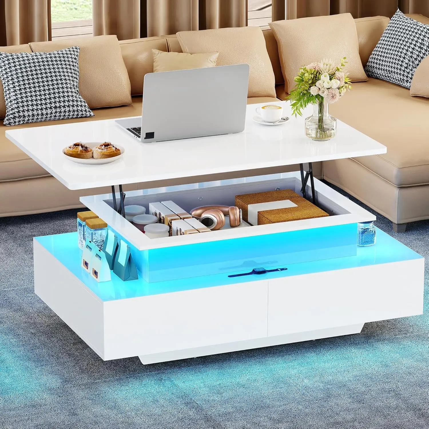 

LED Lift Top Coffee Tables for Living Room, High Glossy Coffee Table with Storages 4 Spacious Drawers, Modern Rectangle
