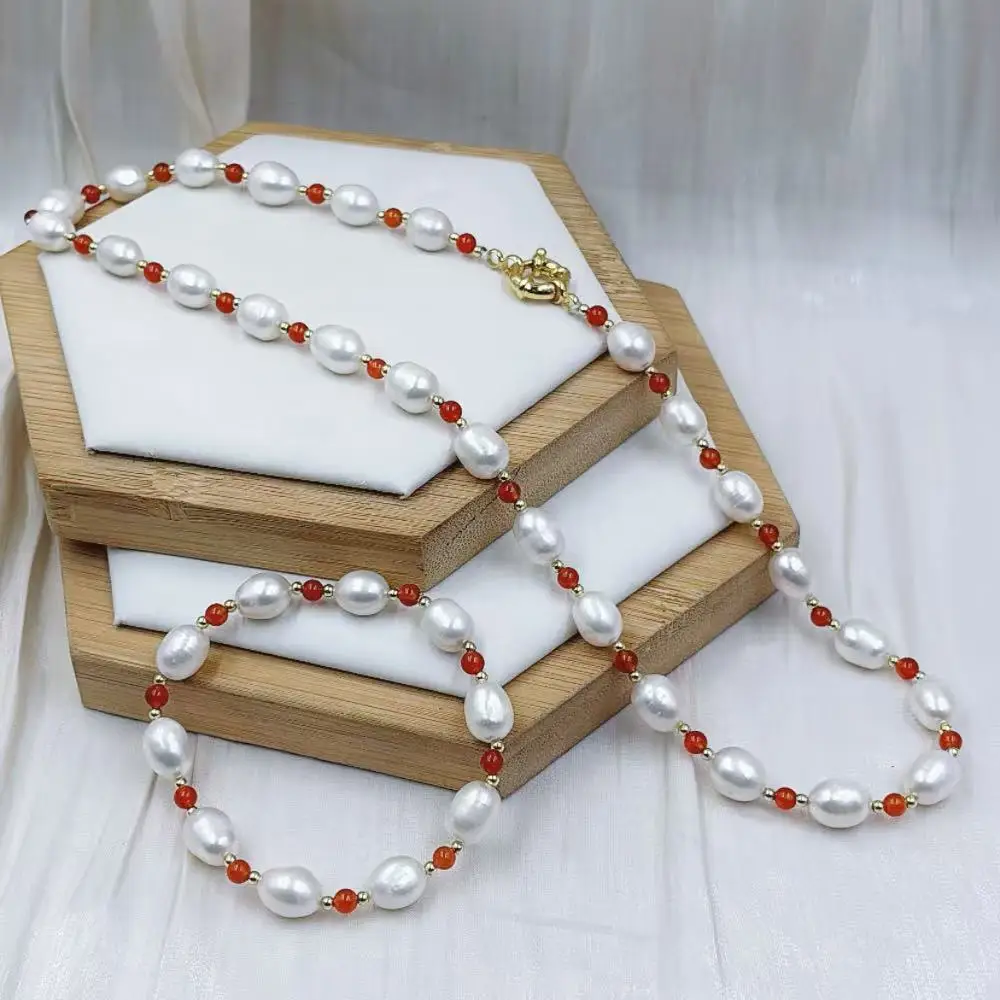 4mm 9-11mm Red Aagte Natural Freshwater Elastic Bracelet Pearl Necklace Woman Jewelry Set 45cm 19cm