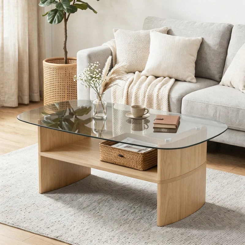 Oval tempered glass coffee table with two-layer storage rack curved wooden frame coffee table