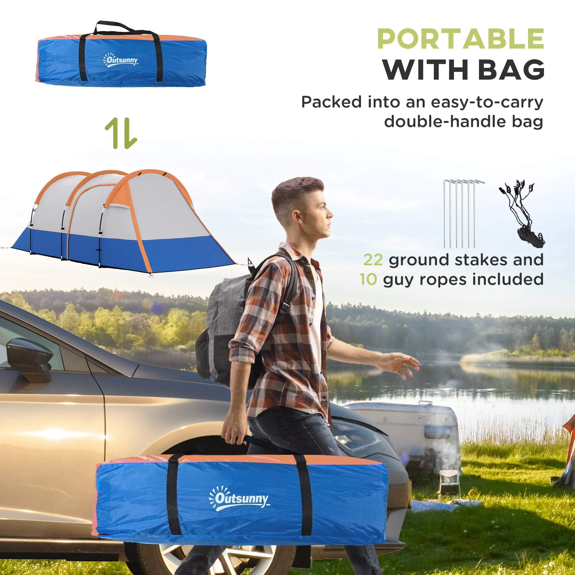 Outsunny 2-3 Man Camping Tent, Tunnel Tent with Weights, Bedroom and Living Room, 2000mm Waterproof