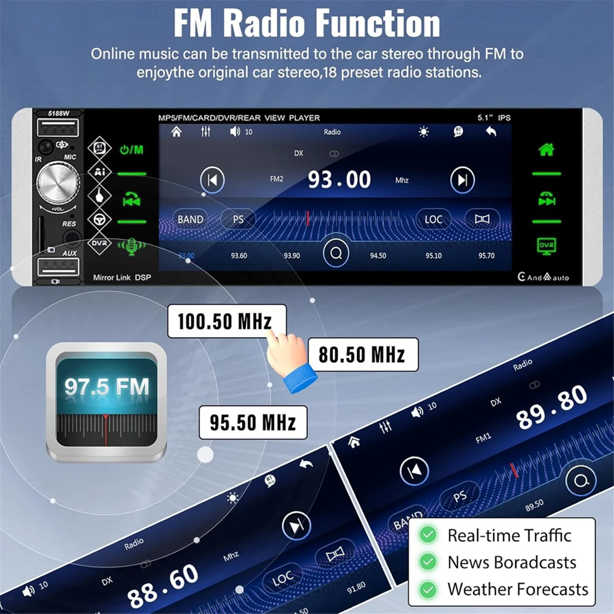 JAS-Single Din Touchscreen Car Stereo Wireless CarPlay Android Auto, 5.1 Inch Car Radio Bluetooth FM SWC USB Backup Camera