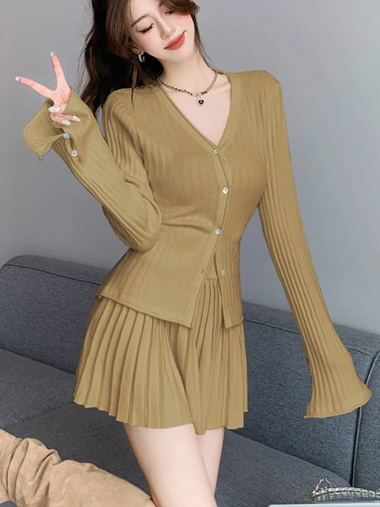 Y2K Elegant Two-piece Solid Skirt Sets Women V-neck Long Sleeve Knitted Cardigan + Mini Pleated Skirt Autumn Korean Chic Suit