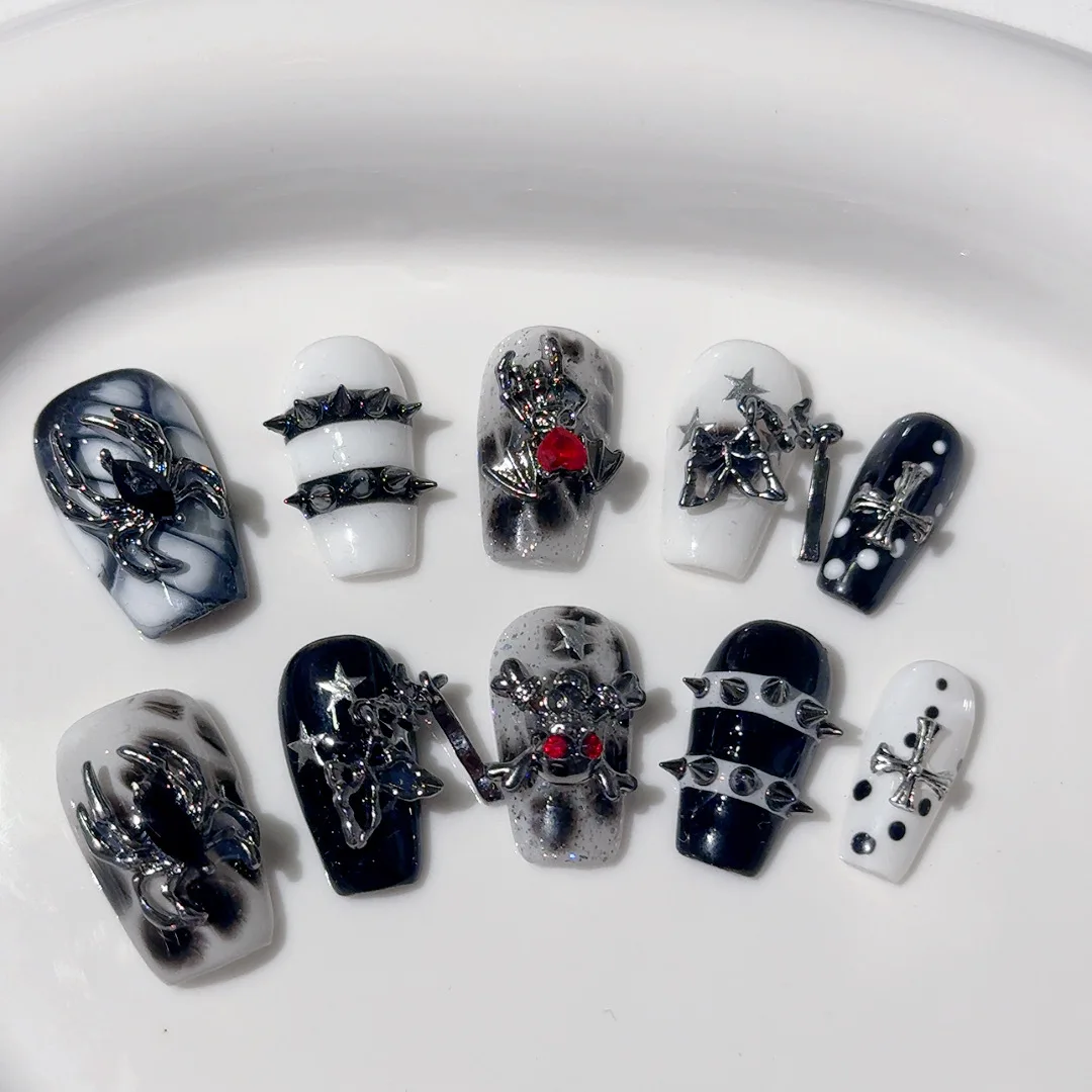 

10pcs Handmade Gothic Press on Nails Halloween Spider Design Fake Nail Tips Wearable European Heavy Metal Y2k False Nails