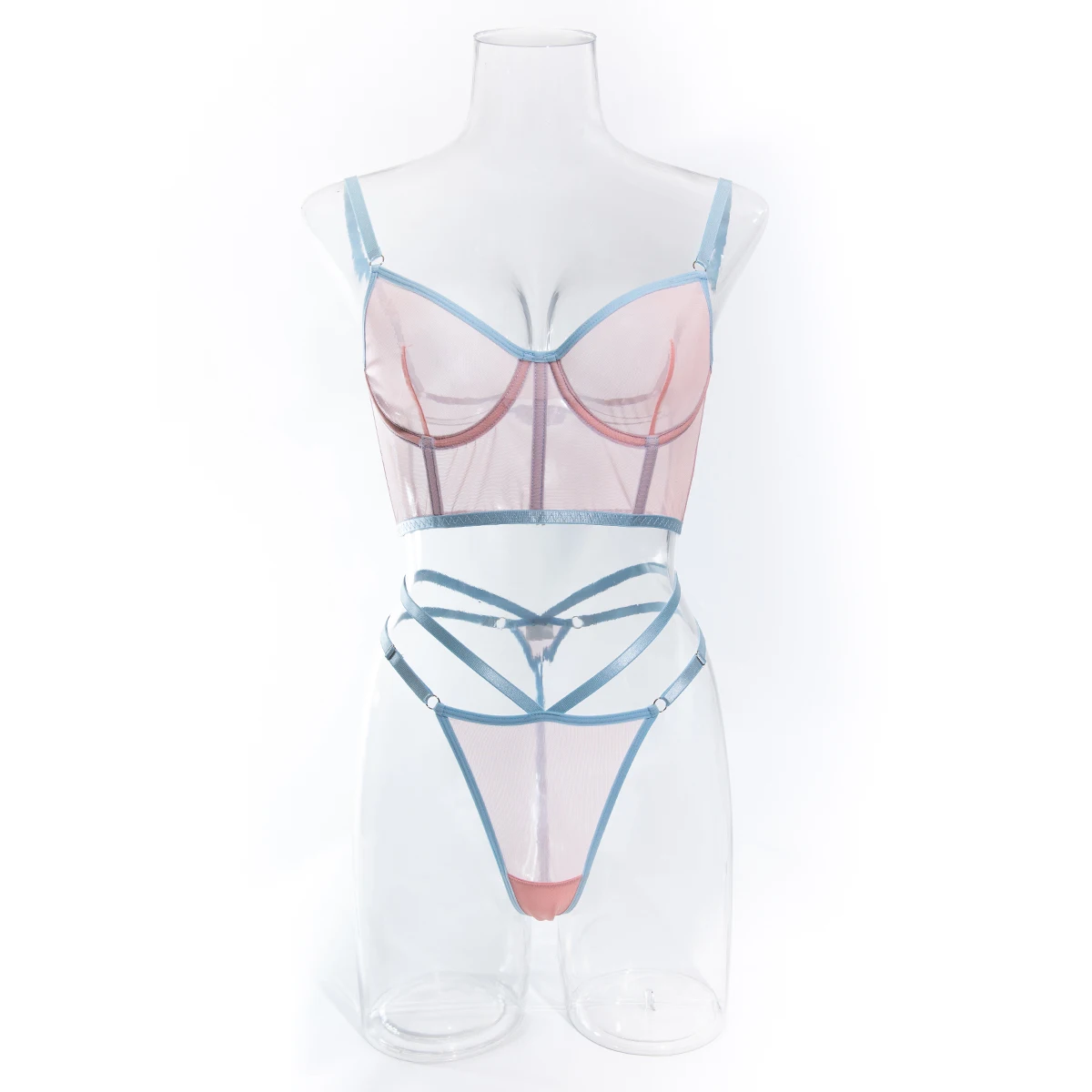 2 Pieces New Fishbone Lingerie Set Sexy Transparent Color Blocked Bustiers Backless Shapers Push Up Intimate Underwear Bedroom