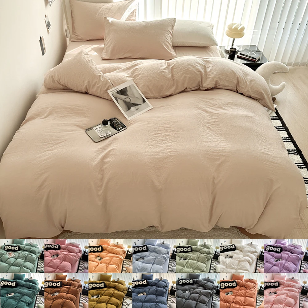

Washed Cotton Bed Linen Bedding Set 3/4 Pieces Bed Sheets Set Solid Color Comforter Cover Couple Queen King Size Bed Quilt Cover