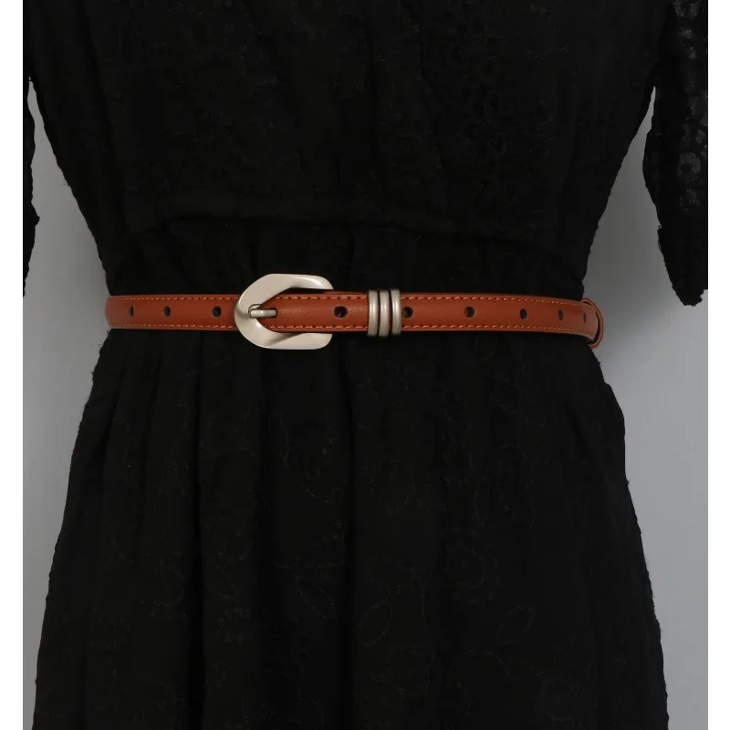 

1.5cm New Silver Buckle Ring Woman Genuine Leather Belt, Women's Simple Retro Fashion Design Jeans Casual Pants Thin Belts