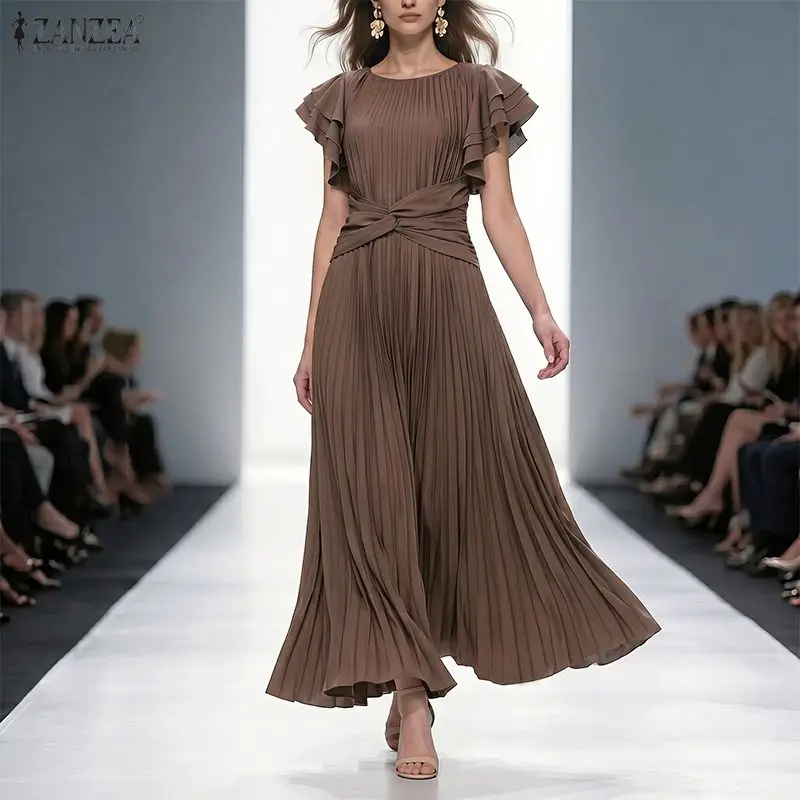 ZANZEA Damen-Maxikleid mit eleganten Falten und Details, Rüschenärmel, O-Ausschnitt, verdrehte Taille, A-Linien-Kleider, Runway Fashion Vestidos
