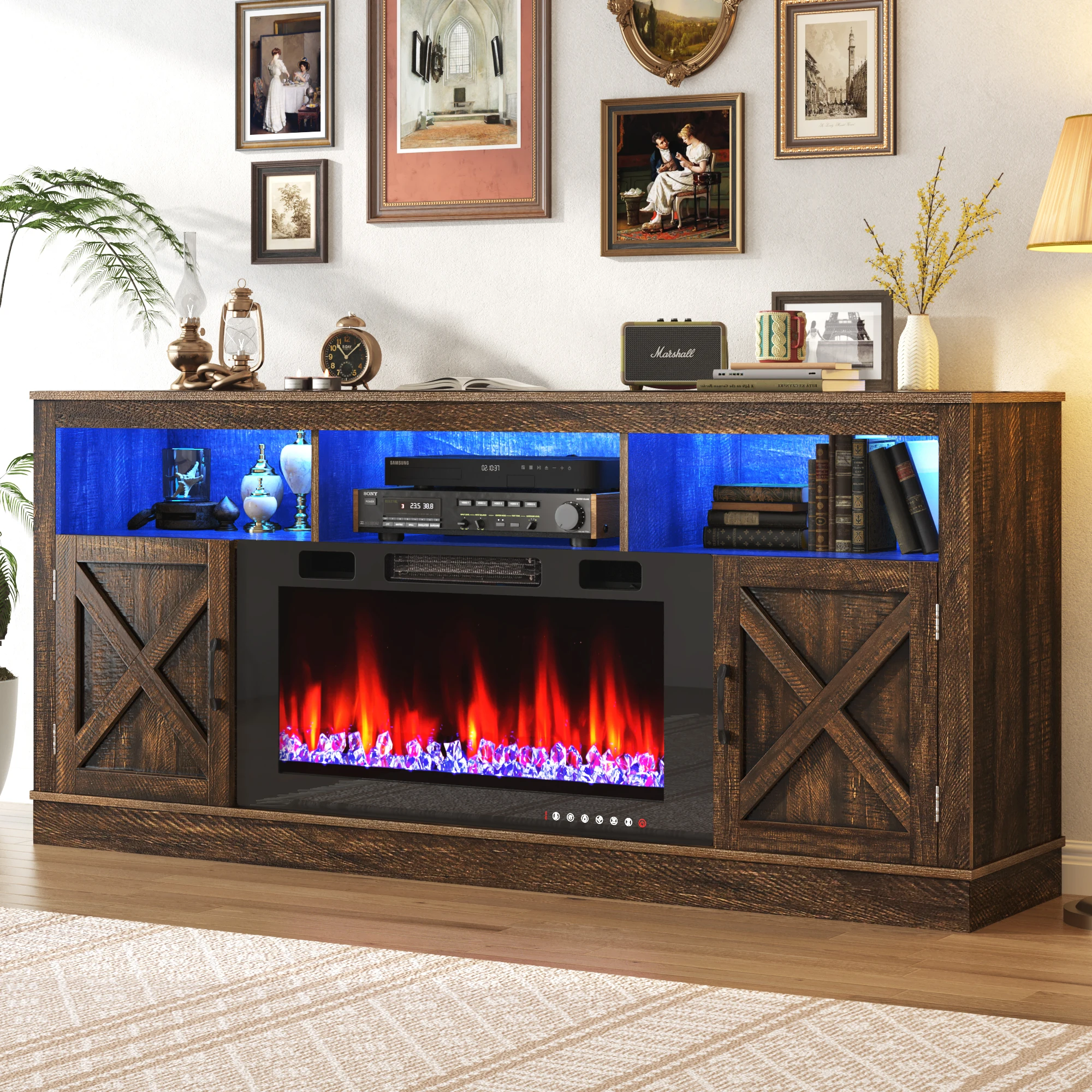 

Farmhouse Fireplace TV Stand for 75/80 Inch TV, Entertainment Center Suit for 36”Electric Fireplace, 70” LED Media Console