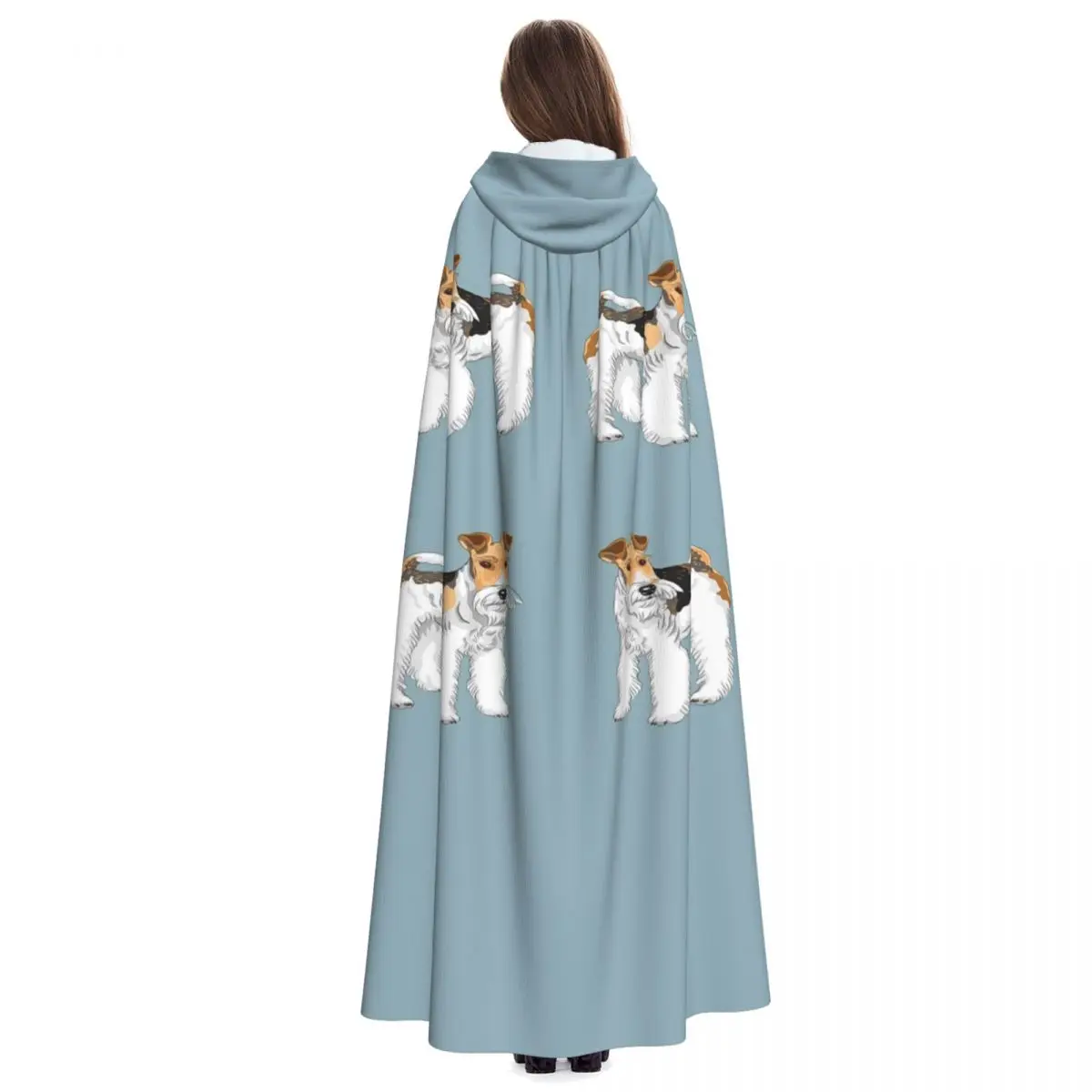 Retro Wire Haired Fox Terrier Design Long Hooded Cloak Witch Medieval Costume Cosplay Cape HalloweenParty Adult Unisex - view 6