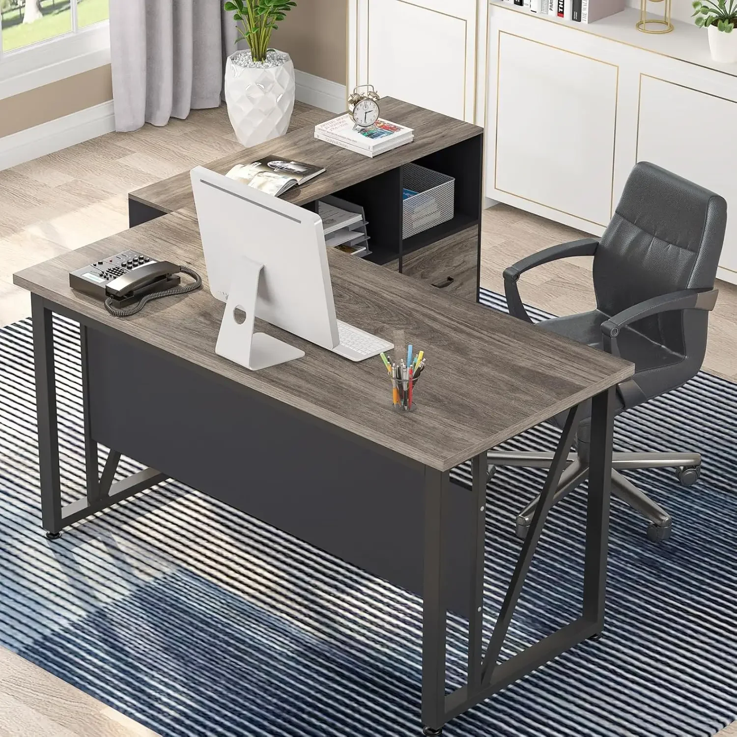 

55 inches Executive Desk and 43" lateral File Cabinet, L-Shaped Computer Desk Home Office Furniture with Drawers