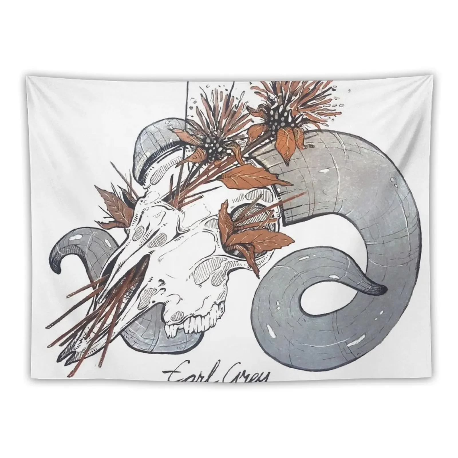 MorbidiTea - Earl Grey with Ram Skull Tapestry Carpet Wall Funny Tapestry