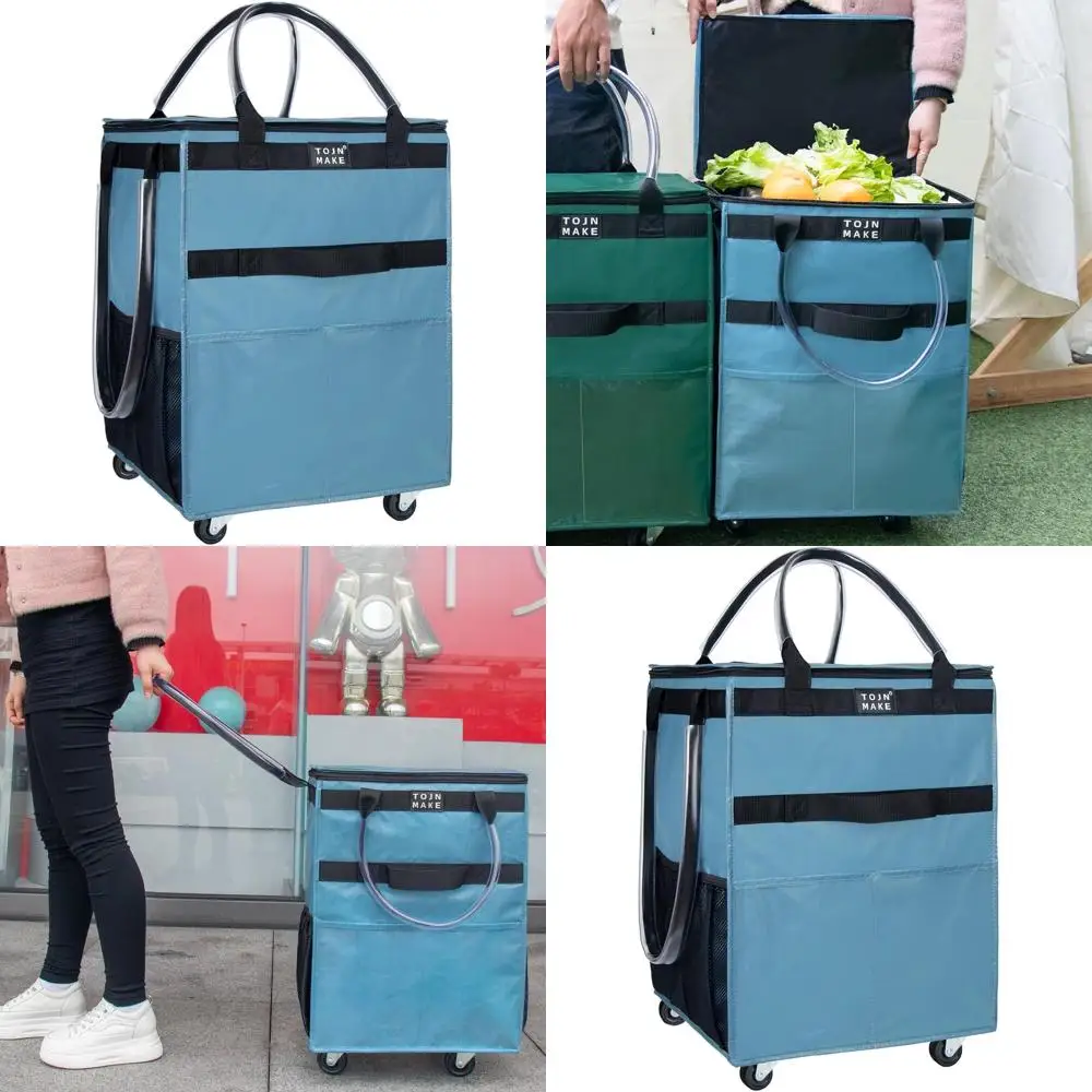 

Rolling Grocery Bag with 8 Pockets, Zippered Cover, Foldable, Holds 46 LBS (Medium, Blue)
